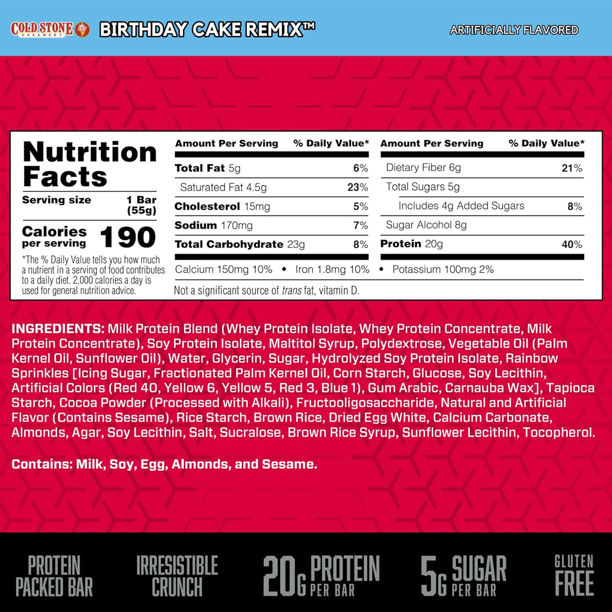 BSN Protein Bars Protein Crisp Bar by Syntha-6, Whey Protein, 20g of Protein (12 Count) - Cold Stone Creamery Birthday Cake Remix