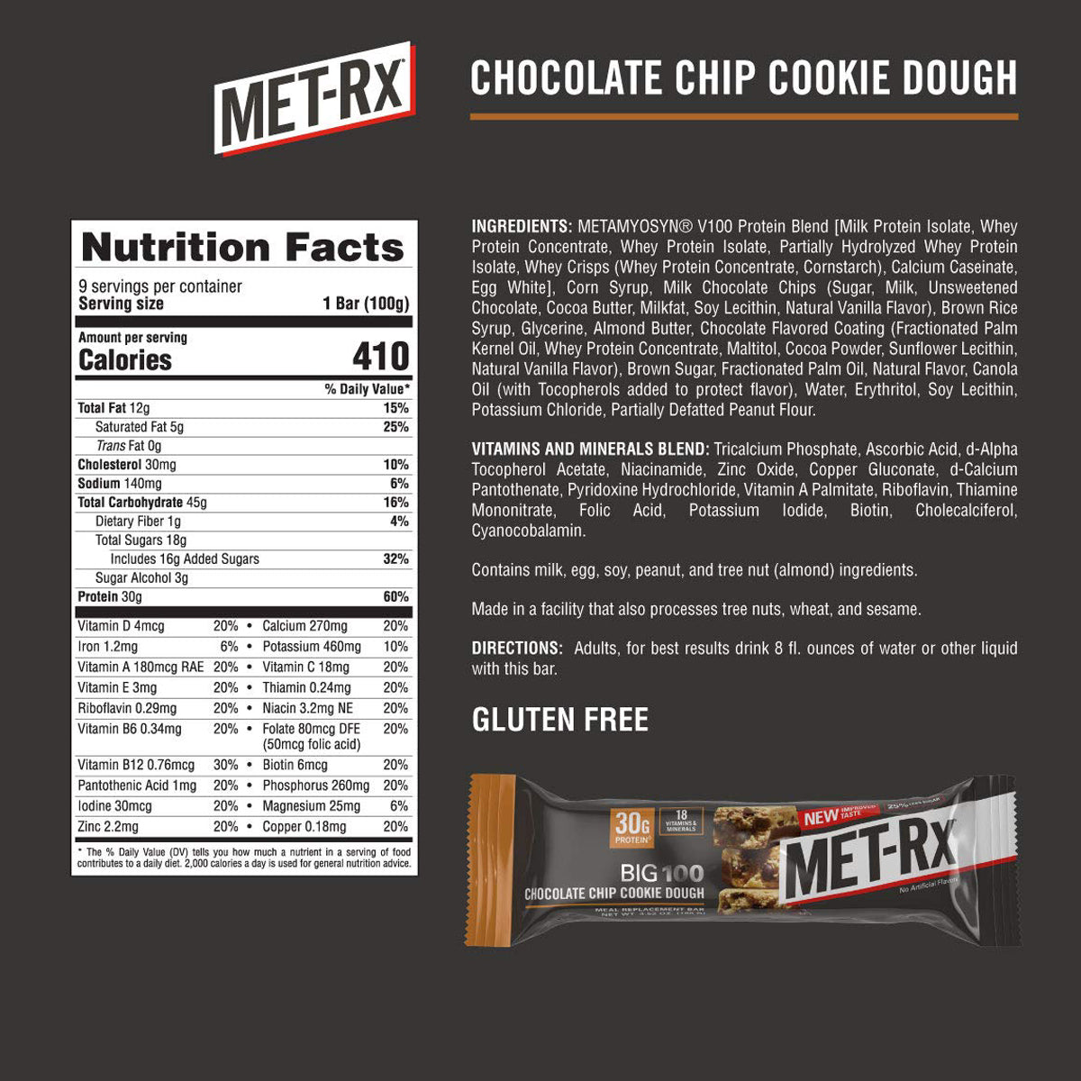 MET-Rx Big 100 Colossal Protein Bar Meal Replacement Bars (9 Count) - Chocolate Chip Cookie Dough