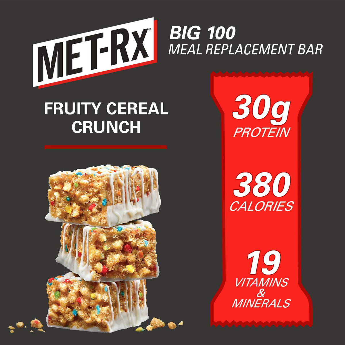 MET-Rx Big 100 Colossal Protein Bar Meal Replacement Bars (9 Count) - Fruity Cereal Crunch