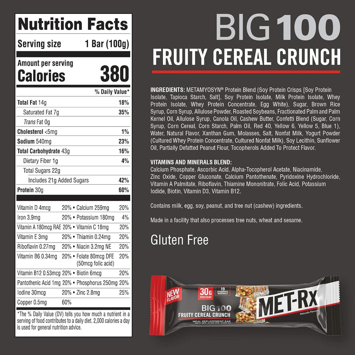 MET-Rx Big 100 Colossal Protein Bar Meal Replacement Bars (9 Count) - Fruity Cereal Crunch