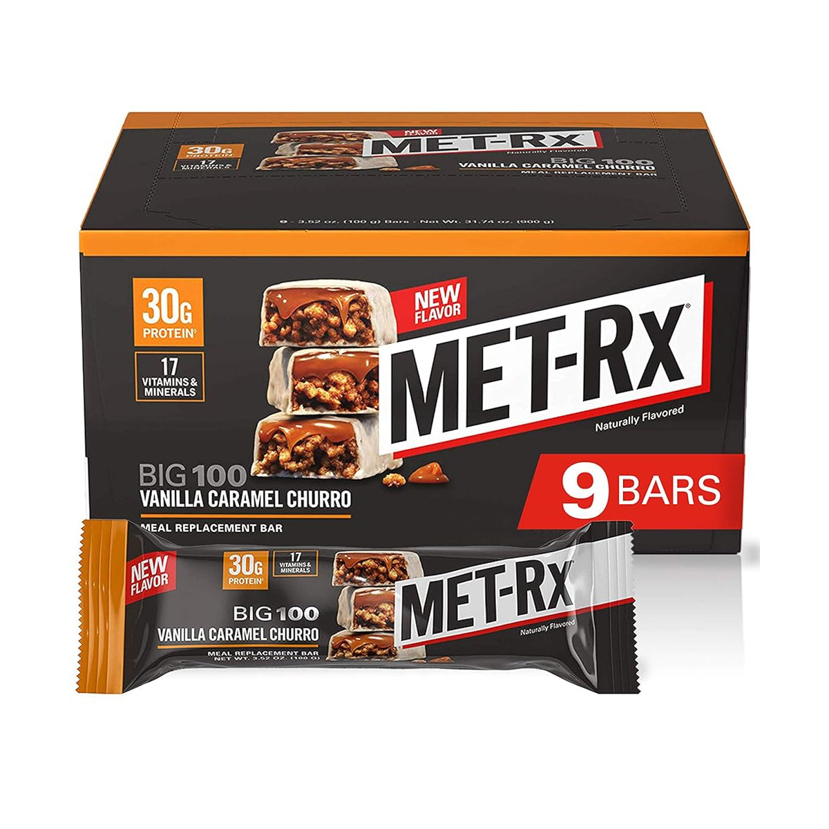 MET-Rx Big 100 Colossal Protein Bar Meal Replacement Bars (9 Count) - Vanilla Caramel Churro