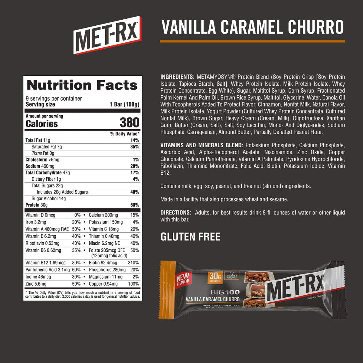 MET-Rx Big 100 Colossal Protein Bar Meal Replacement Bars (9 Count) - Vanilla Caramel Churro