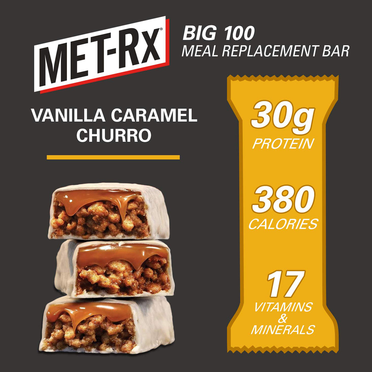 MET-Rx Big 100 Colossal Protein Bar Meal Replacement Bars (9 Count) - Vanilla Caramel Churro