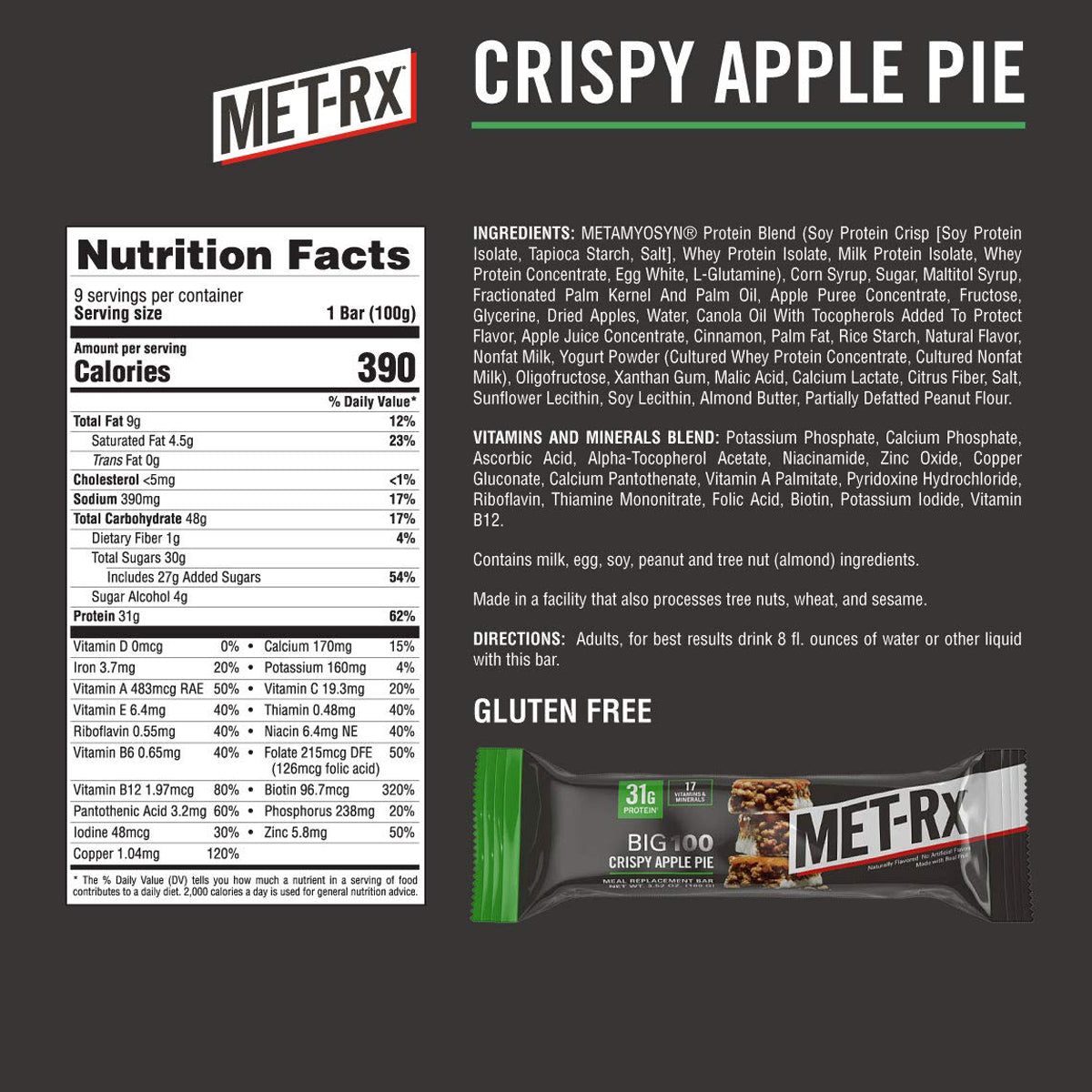 MET-Rx Big 100 Colossal Protein Bar Meal Replacement Bars (9 Count) - Crispy Apple Pie