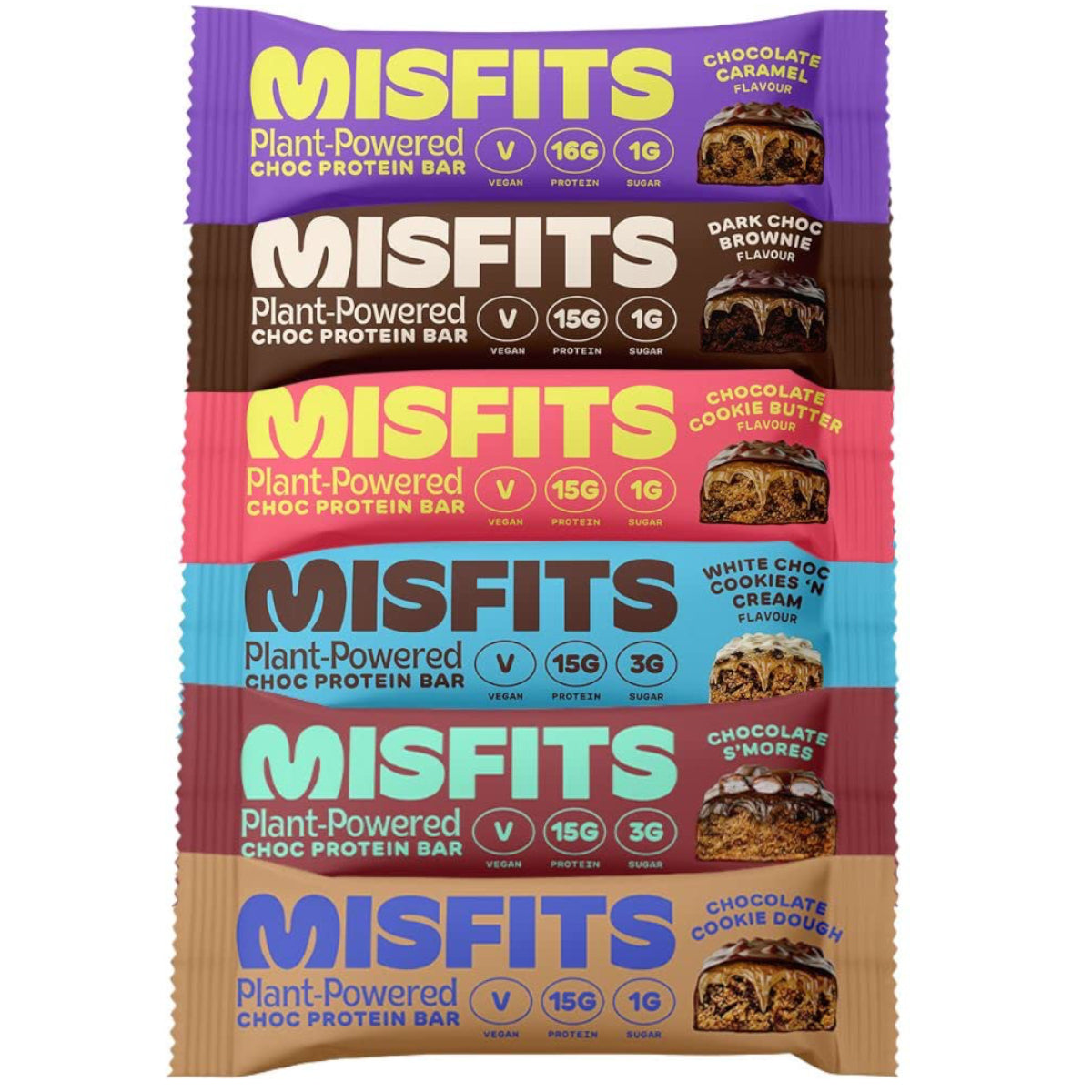 Misfits Vegan Protein Bar, Variety Pack, Plant Based Low Carb Chocolate High Protein Snacks with 15g Per Bar, Low Sugar (12 Pack) - Variety