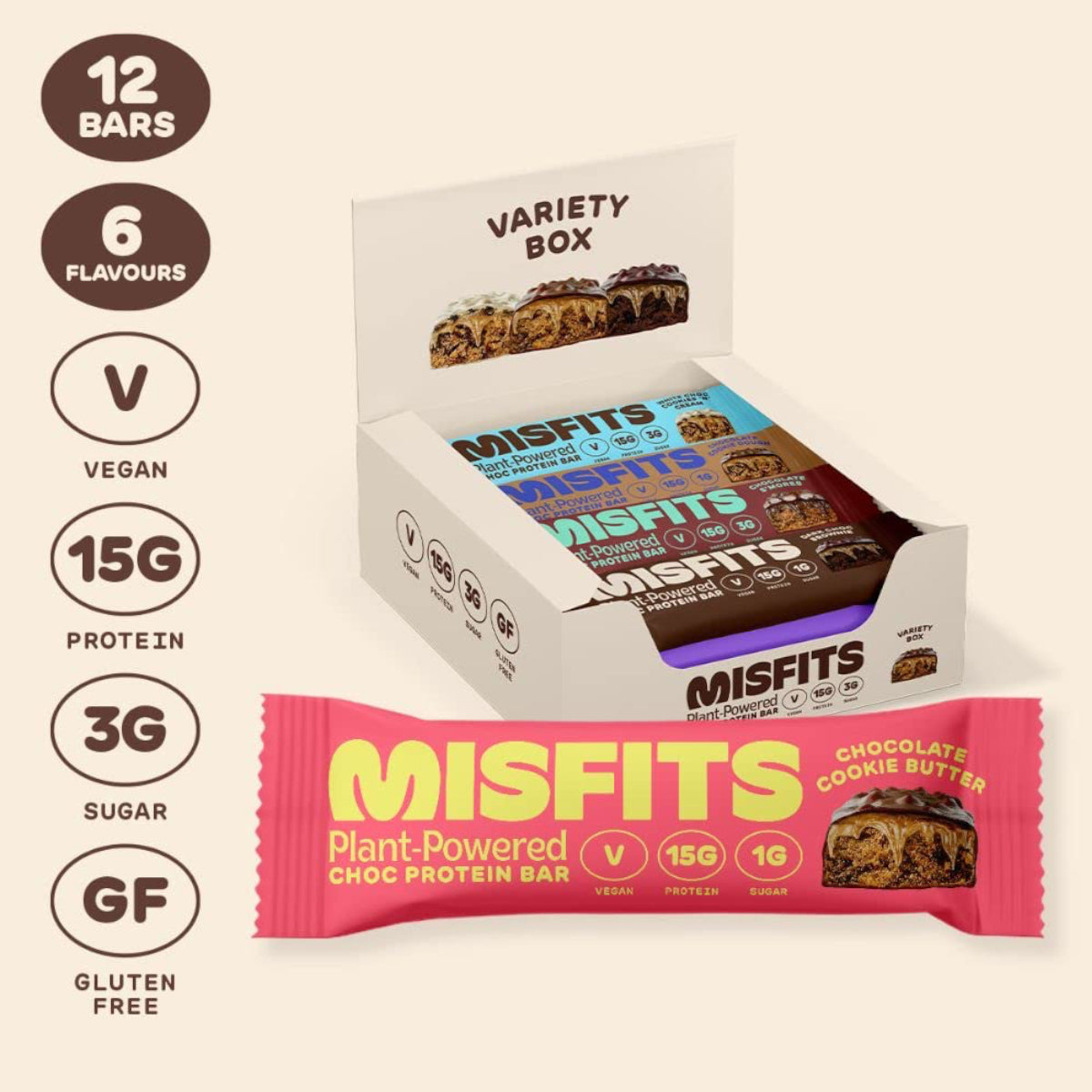 Misfits Vegan Protein Bar, Variety Pack, Plant Based Low Carb Chocolate High Protein Snacks with 15g Per Bar, Low Sugar (12 Pack) - Variety