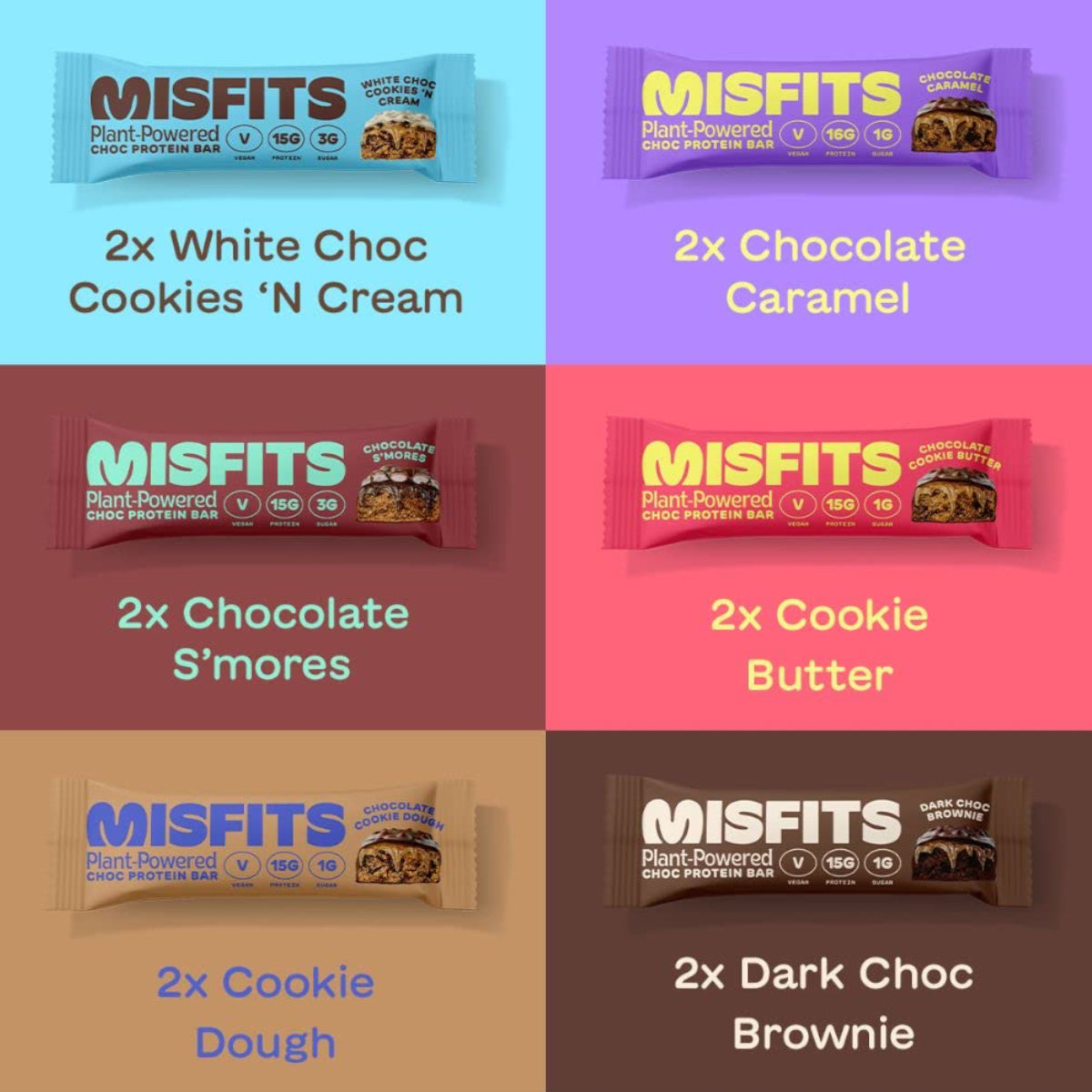 Misfits Vegan Protein Bar, Variety Pack, Plant Based Low Carb Chocolate High Protein Snacks with 15g Per Bar, Low Sugar (12 Pack) - Variety