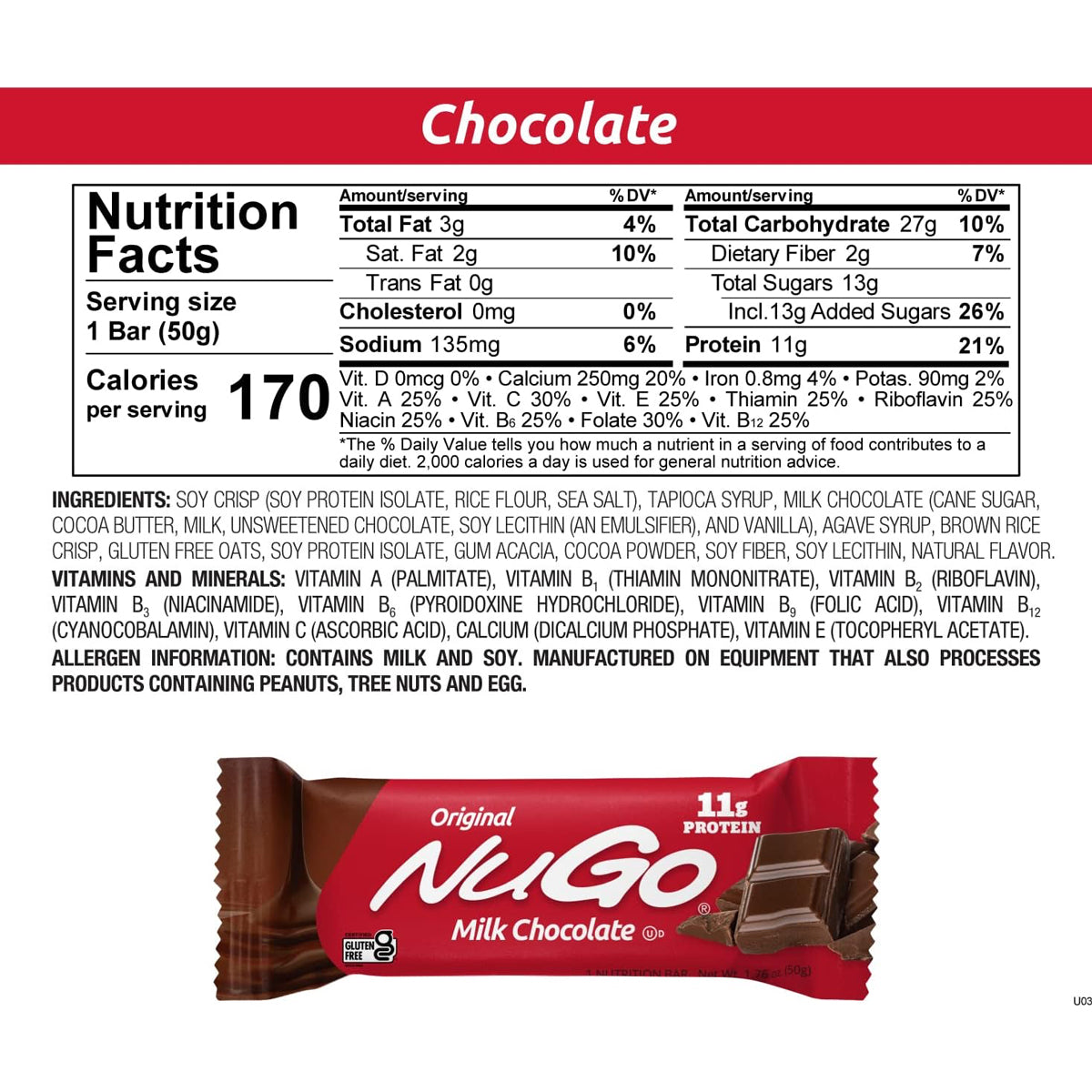 NuGo Protein Bar 11g Protein 70 Calories (15 Pack) - Milk Chocolate