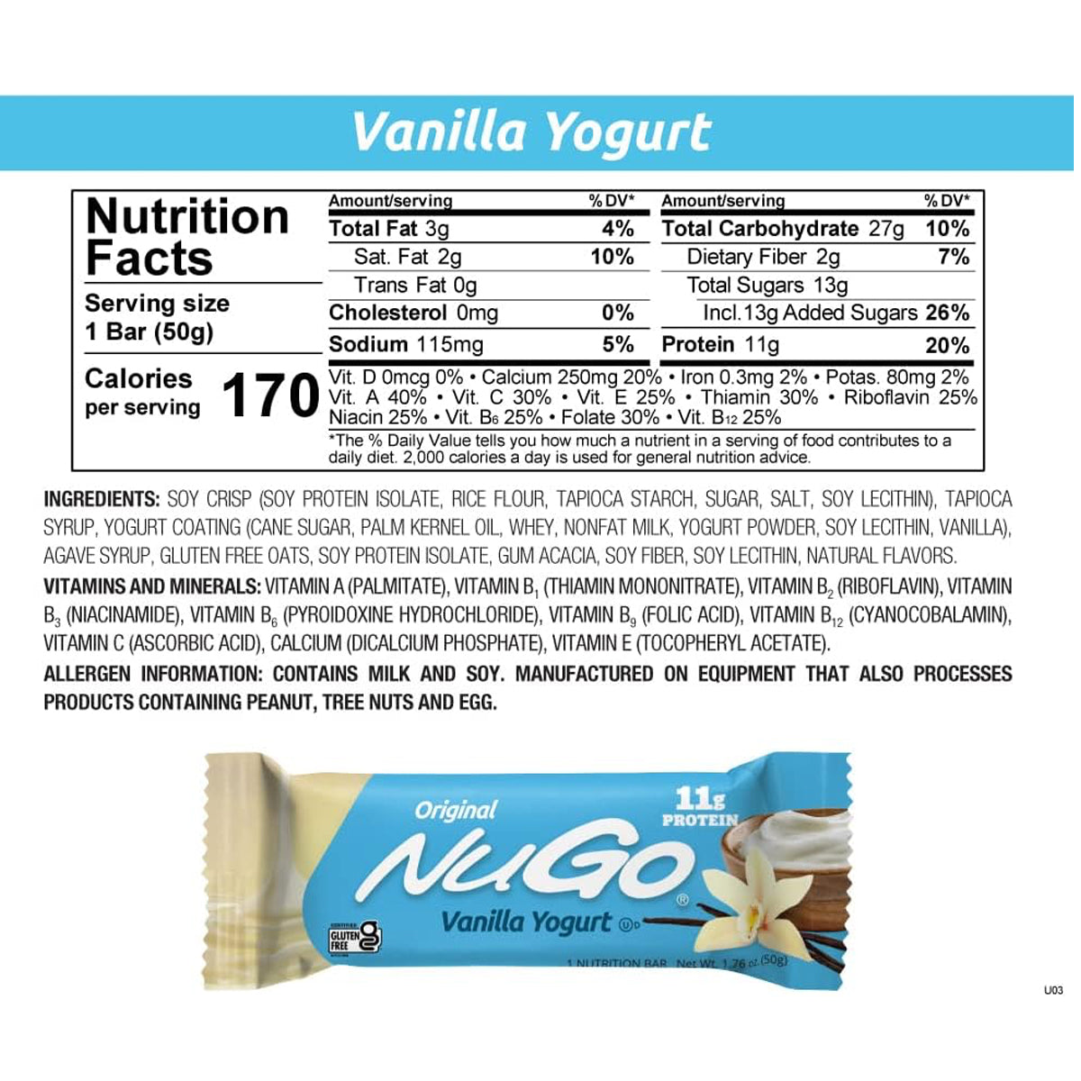 NuGo Protein Bar 11g Protein 70 Calories (15 Pack) - Vanilla Yogurt