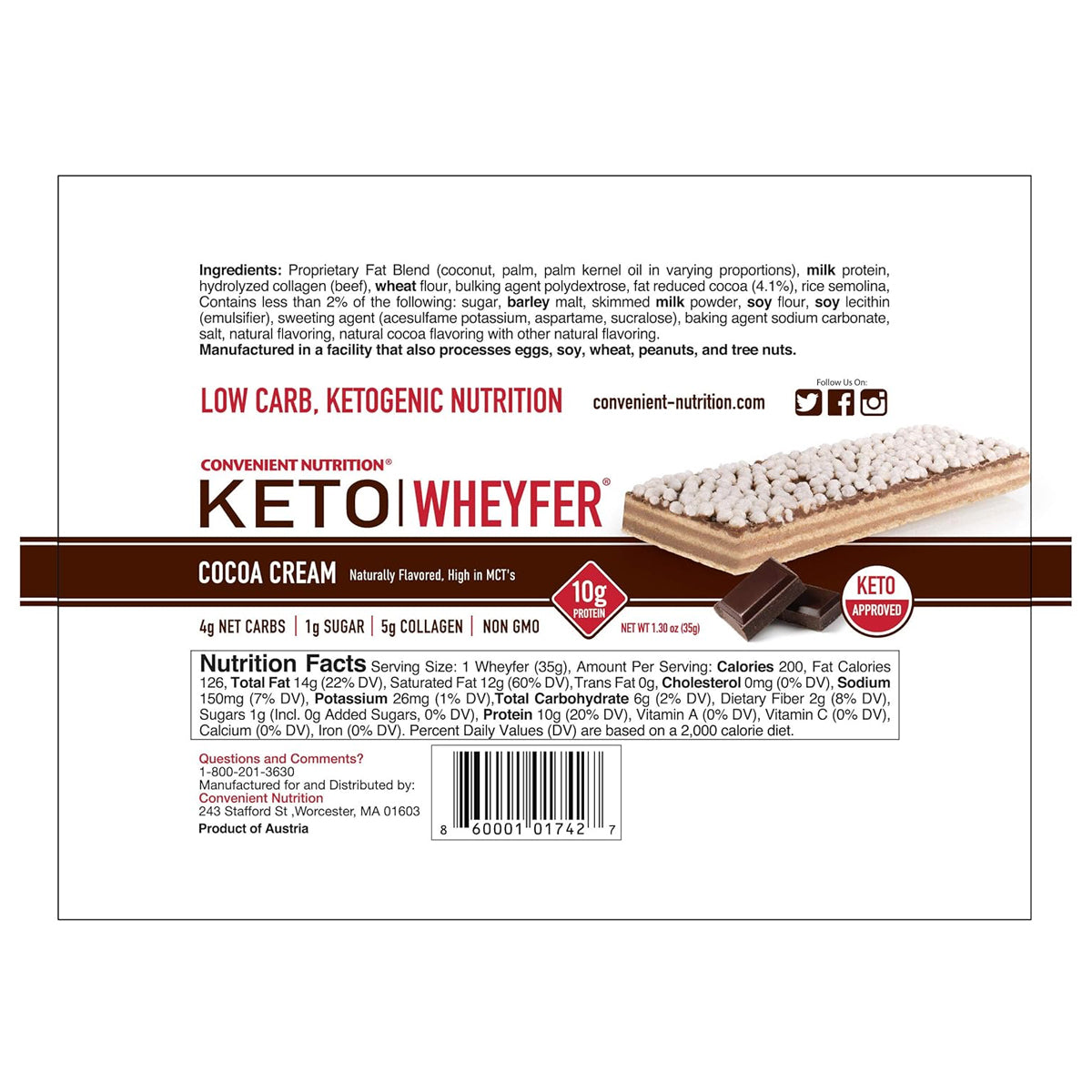 Convenient Nutrition OMG Ultimate Protein Snack Bars Keto Wheyfer (10 Bars) - Cocoa Cream